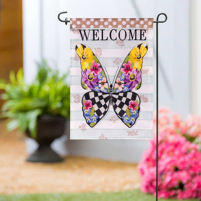 Evergreen Courtly Check Butterfly Applique Garden Flag