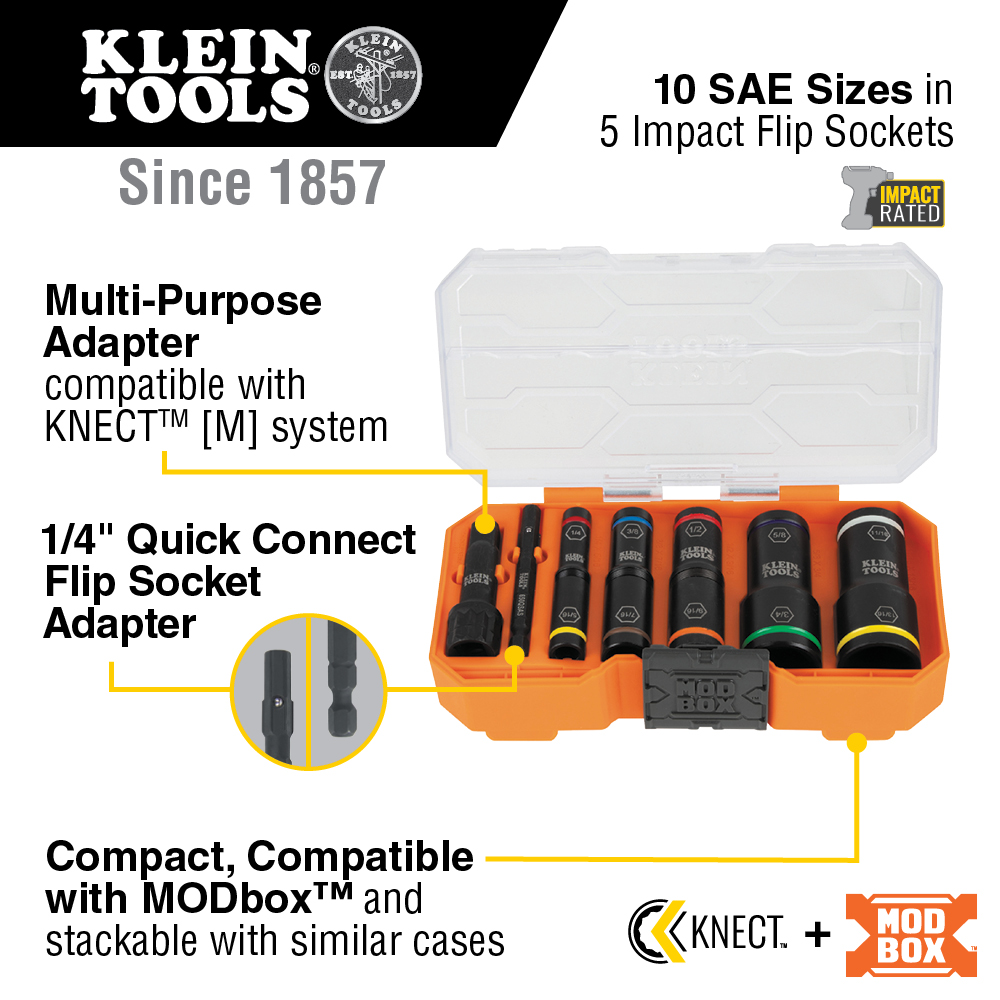 Klein KNECT Flip-10 Heavy Duty Flip Impact Socket Set, SAE, 8-Piece