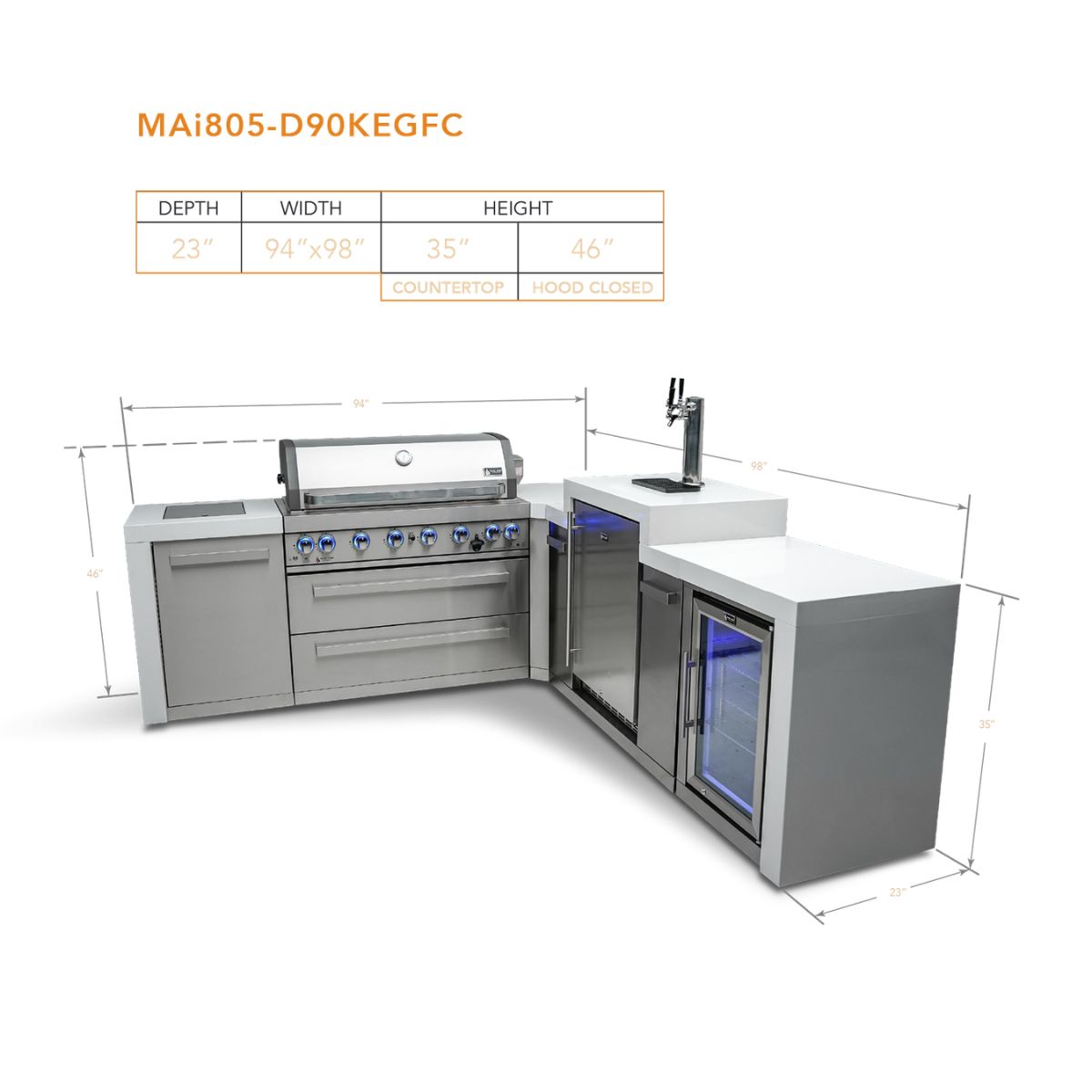 Mont Alpi 6-burner Deluxe Island with a 90-degree corner, kegerator, and fridge cabinet