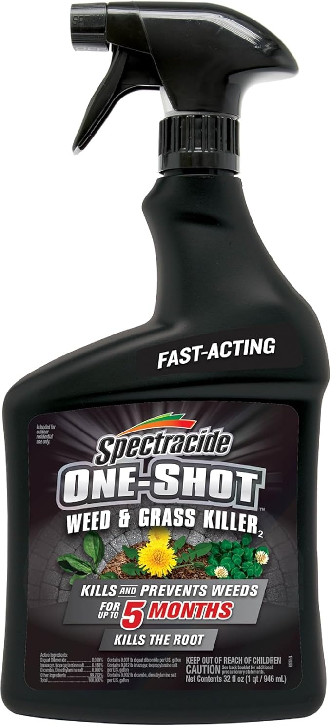 Spectracide One Shot Weed and Grass Killer, 32 oz., Ready-to-Use Spray kills weeds and grass with same-day results and prevents regrowth for up to five months
