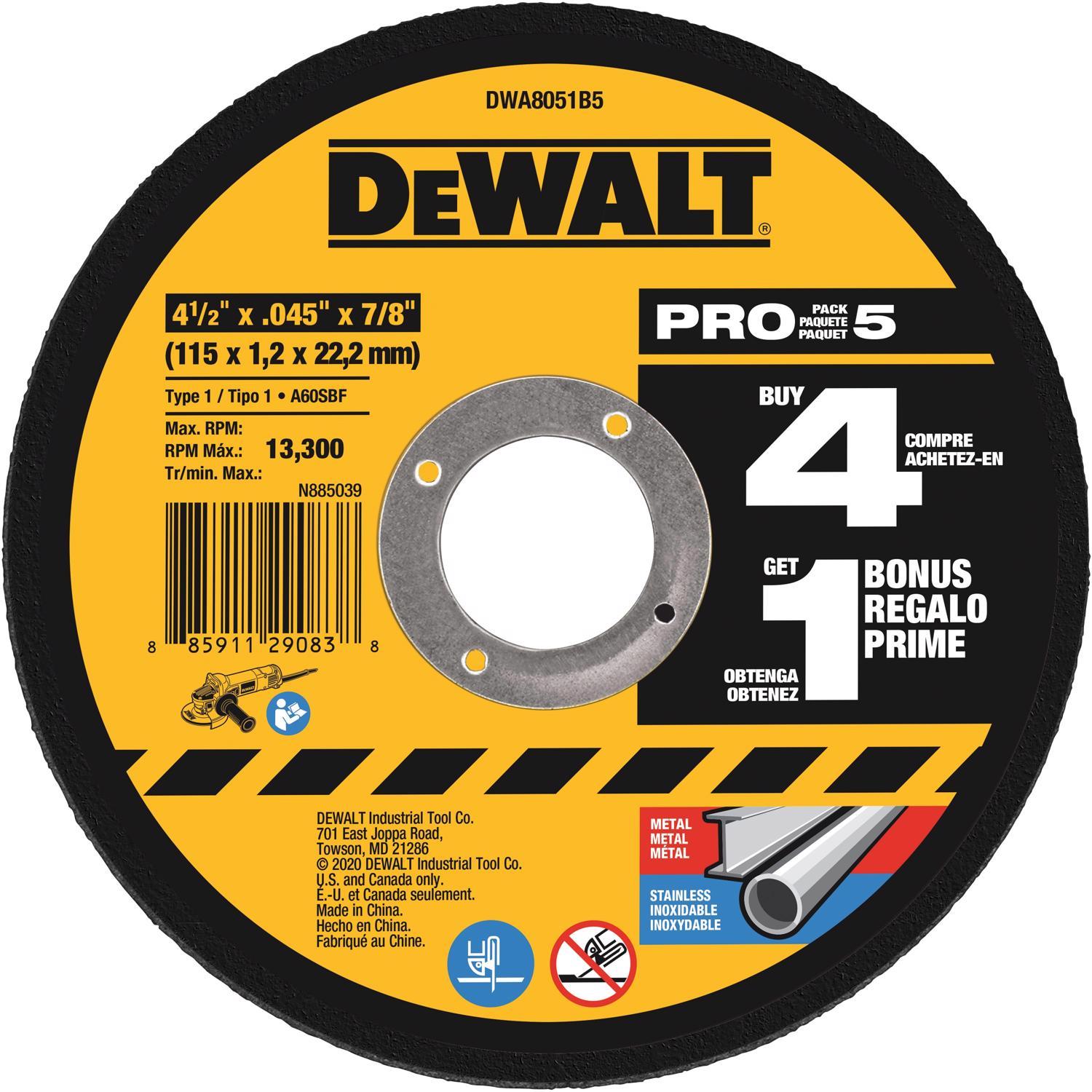 DeWalt 4-1/2 in. D X 7/8 in. X.045 in. thick Cutting/Grinding Wheel 5 pk