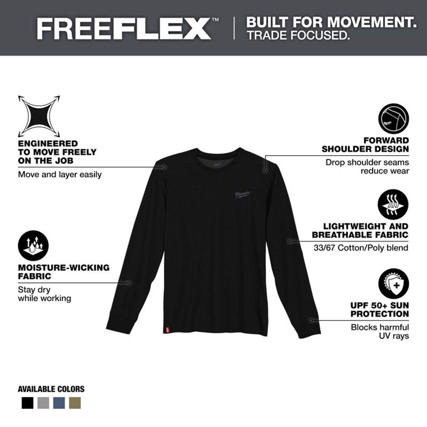 Milwaukee Freeflex XL Long Sleeve Men's Crew Neck Black Hybrid Work Tee Shirt