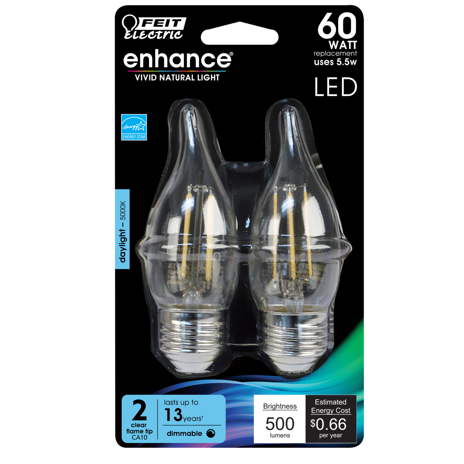 Feit Electric Enhance CA10 E26 (Medium) LED Bulb Daylight 60 Watt Equivalence 2 pk
