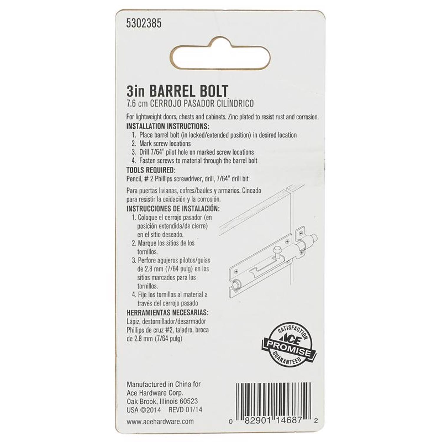 Ace 3 in. L Zinc-Plated Steel Barrel Bolt 1 pk