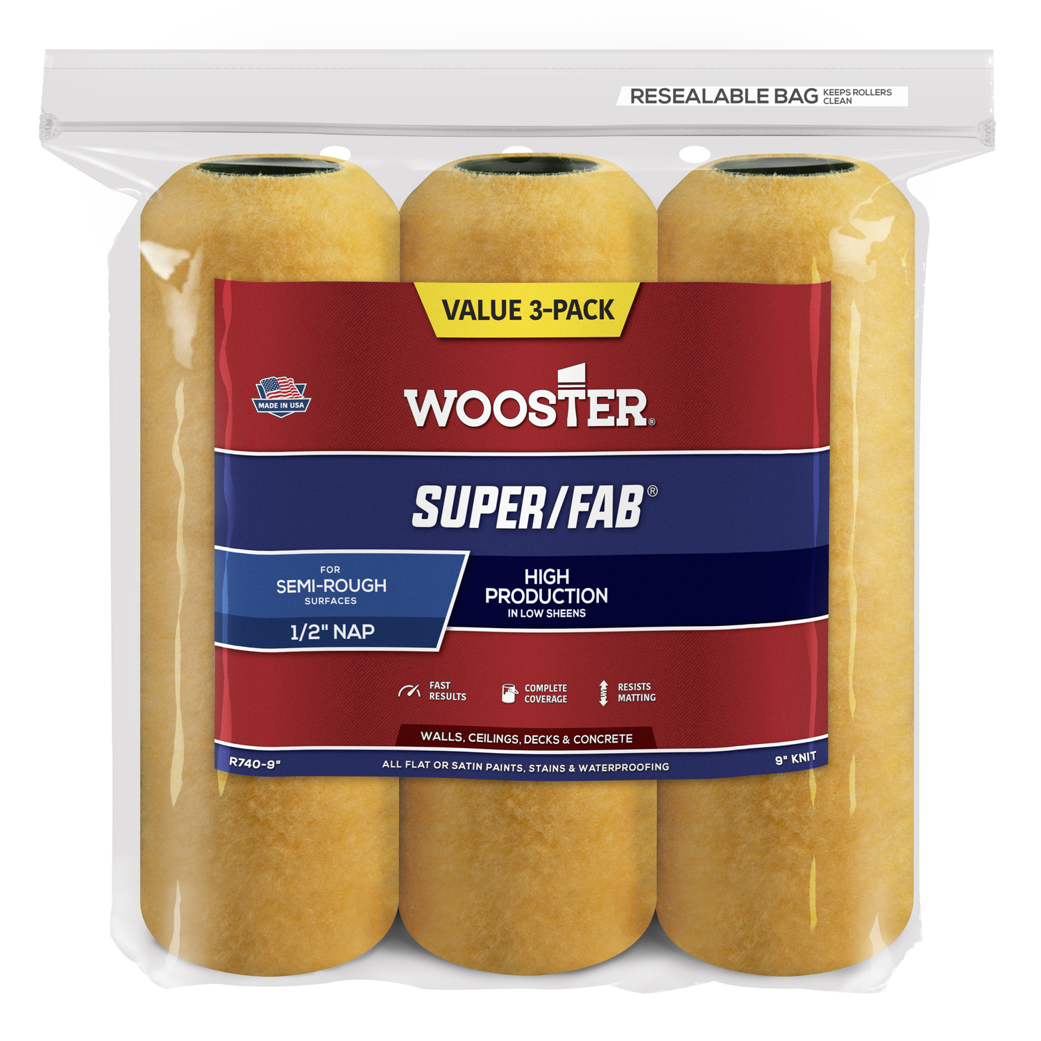 Wooster Super/Fab Fabric 9 in. W X 1/2 in. Paint Roller Cover 3 pk