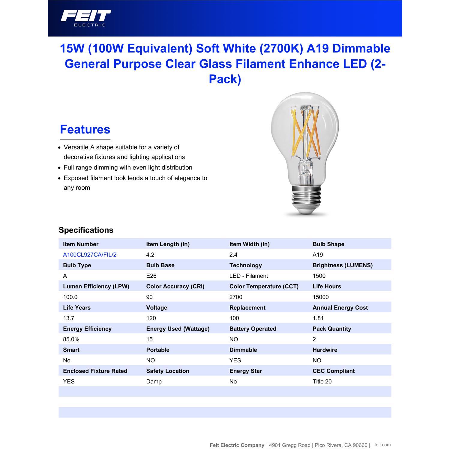 Feit Enhance A19 E26 (Medium) Filament LED Bulb Soft White 100 Watt Equivalence 2 pk