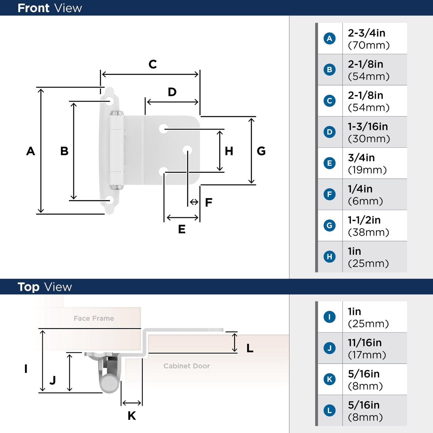 Amerock 2-15/79 in. W X 2-3/4 in. L White Steel Self-Closing Hinge 2 pk