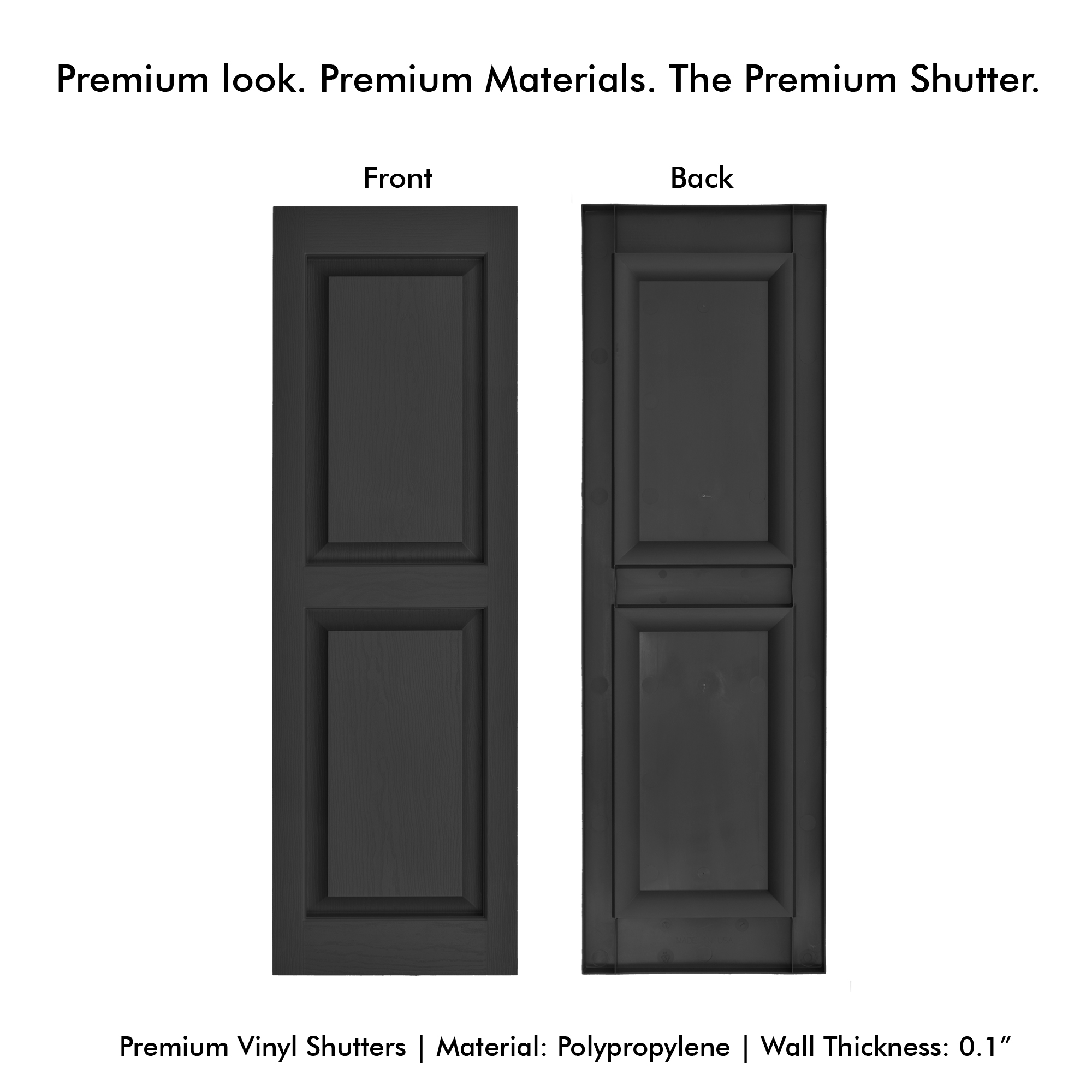 Pontiac Trail Raised Panel Vinyl Shutters 14.5 in. x 59 in. Black Cosmos/Paintable