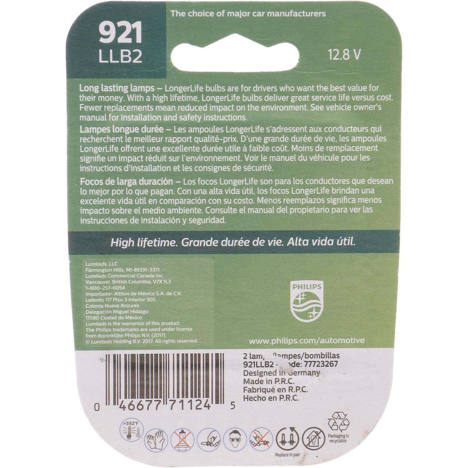Philips LongerLife Incandescent Back-Up/Stop/Trunk Miniature Automotive Bulb 921LLB2