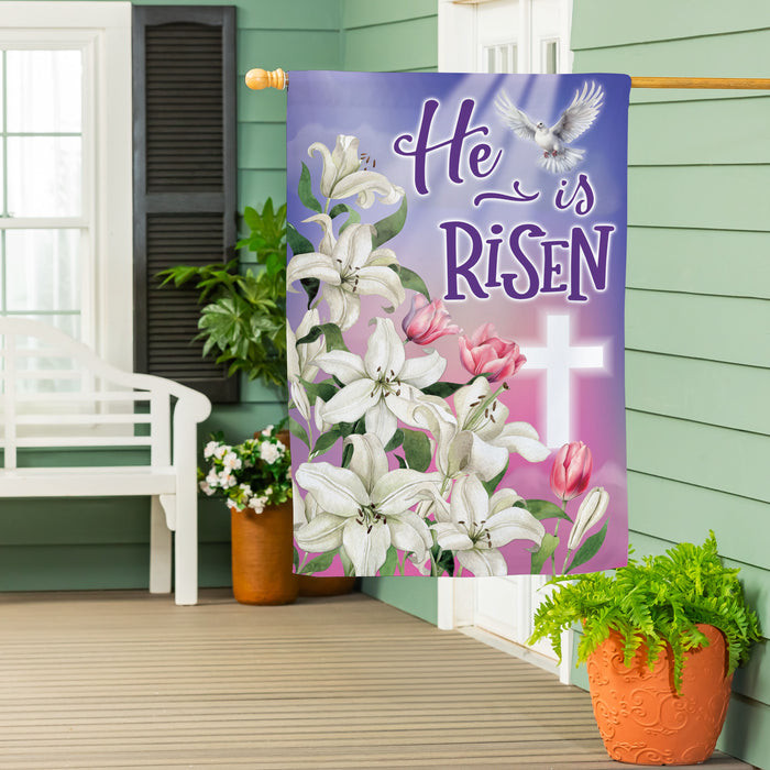 Evergreen Garden Flag Risen Easter Dove Suede