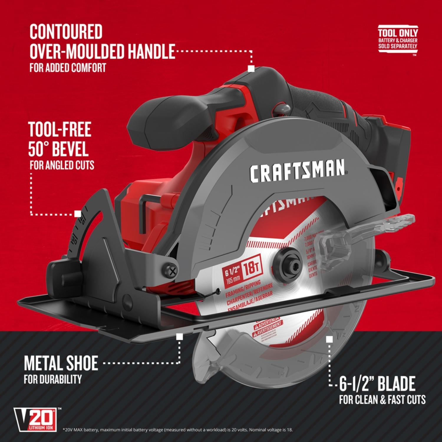 CRAFTSMAN V20 6-1/2 in. Cordless Brushed Circular Saw Tool Only