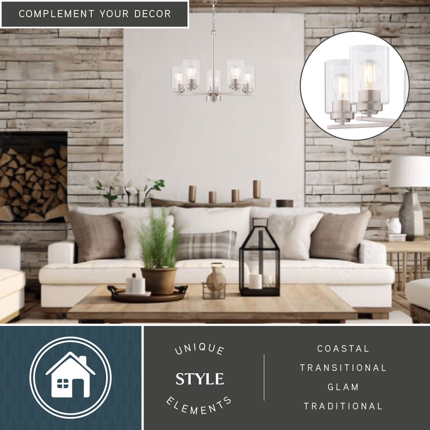 Vaxcel Lighting H0314 Park Ridge 5 Light 21 in.W Chandelier - Nickel