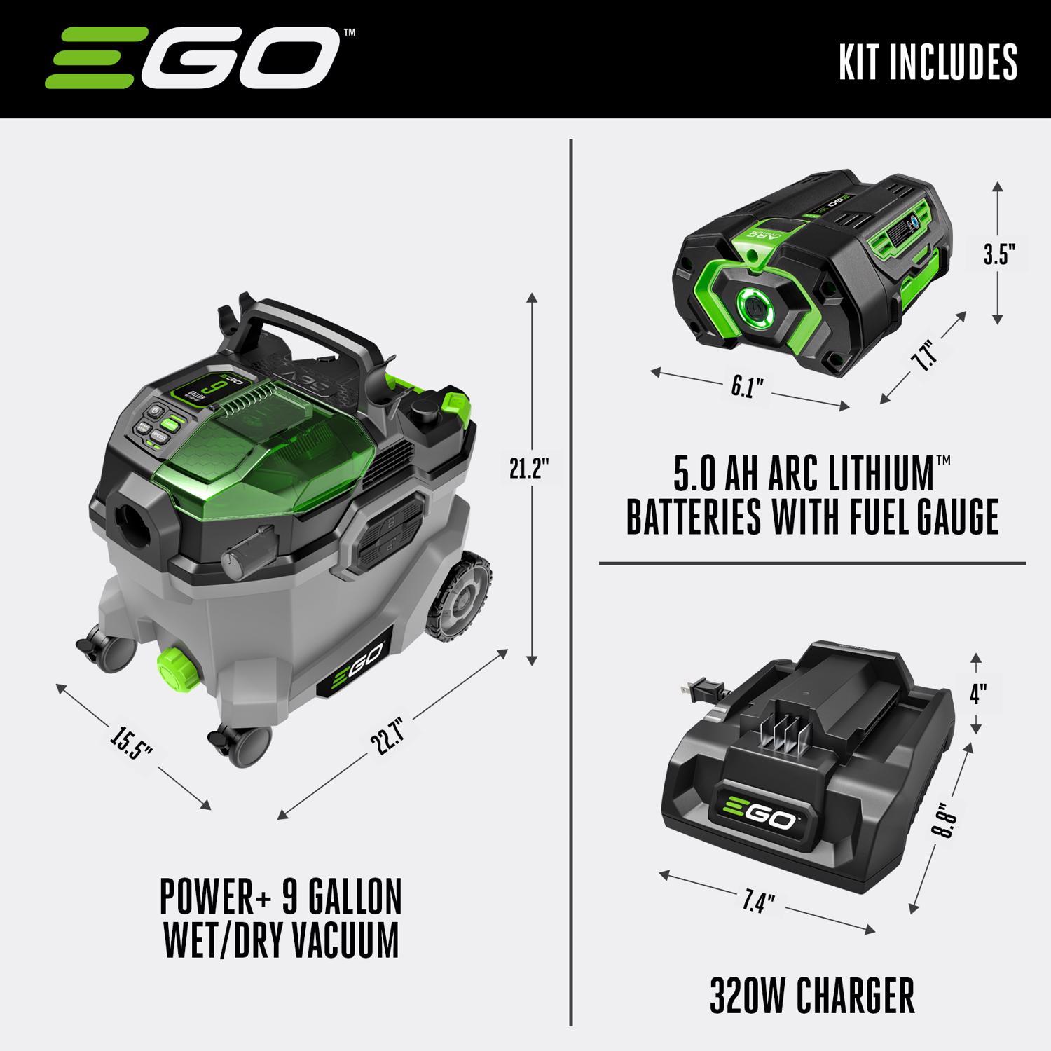 EGO Power+ WDV0904 9 gal Cordless Wet/Dry Vacuum Kit (Battery & Charger) 56 V W/ 5.0AH BATTERY