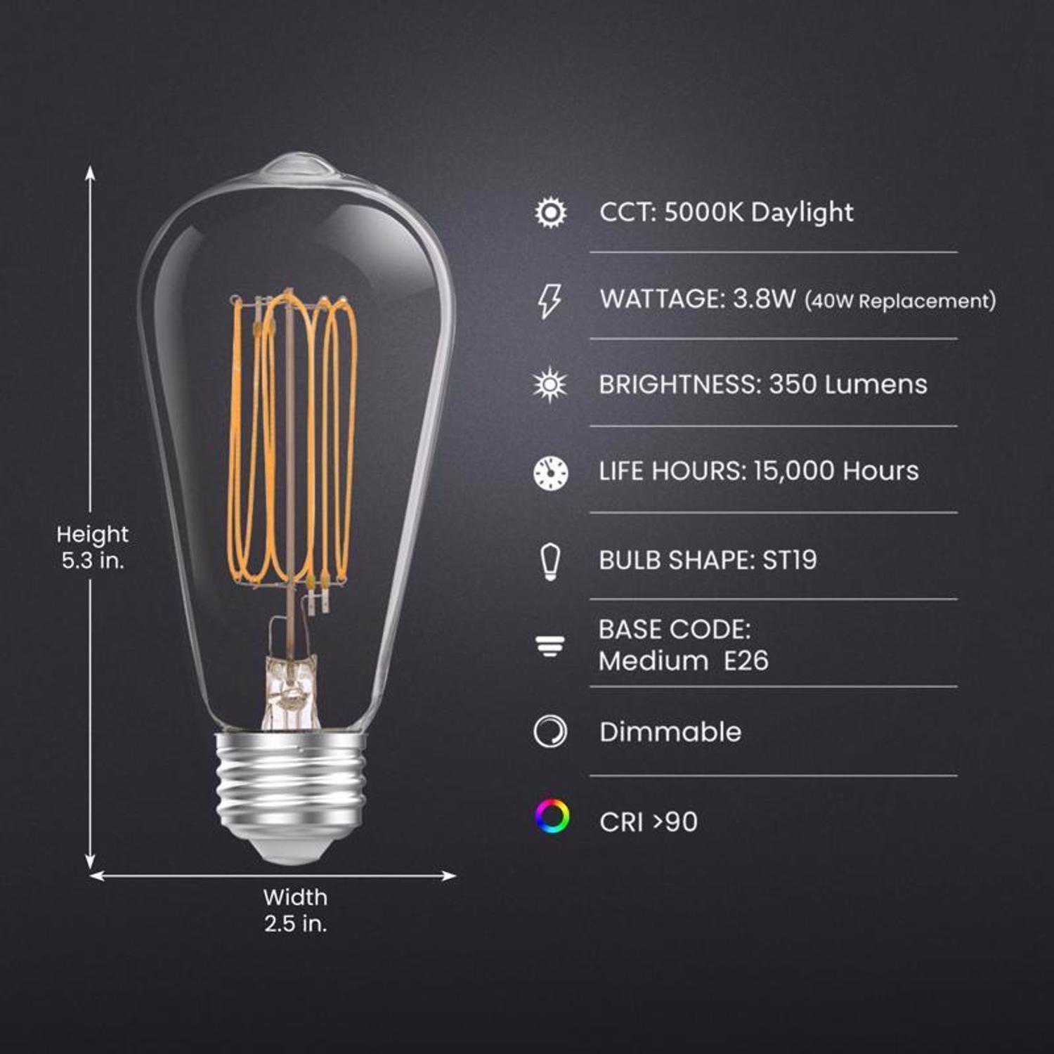 Feit ST19 E26 (Medium) Filament LED Bulb Daylight 40 Watt Equivalence 2 pk
