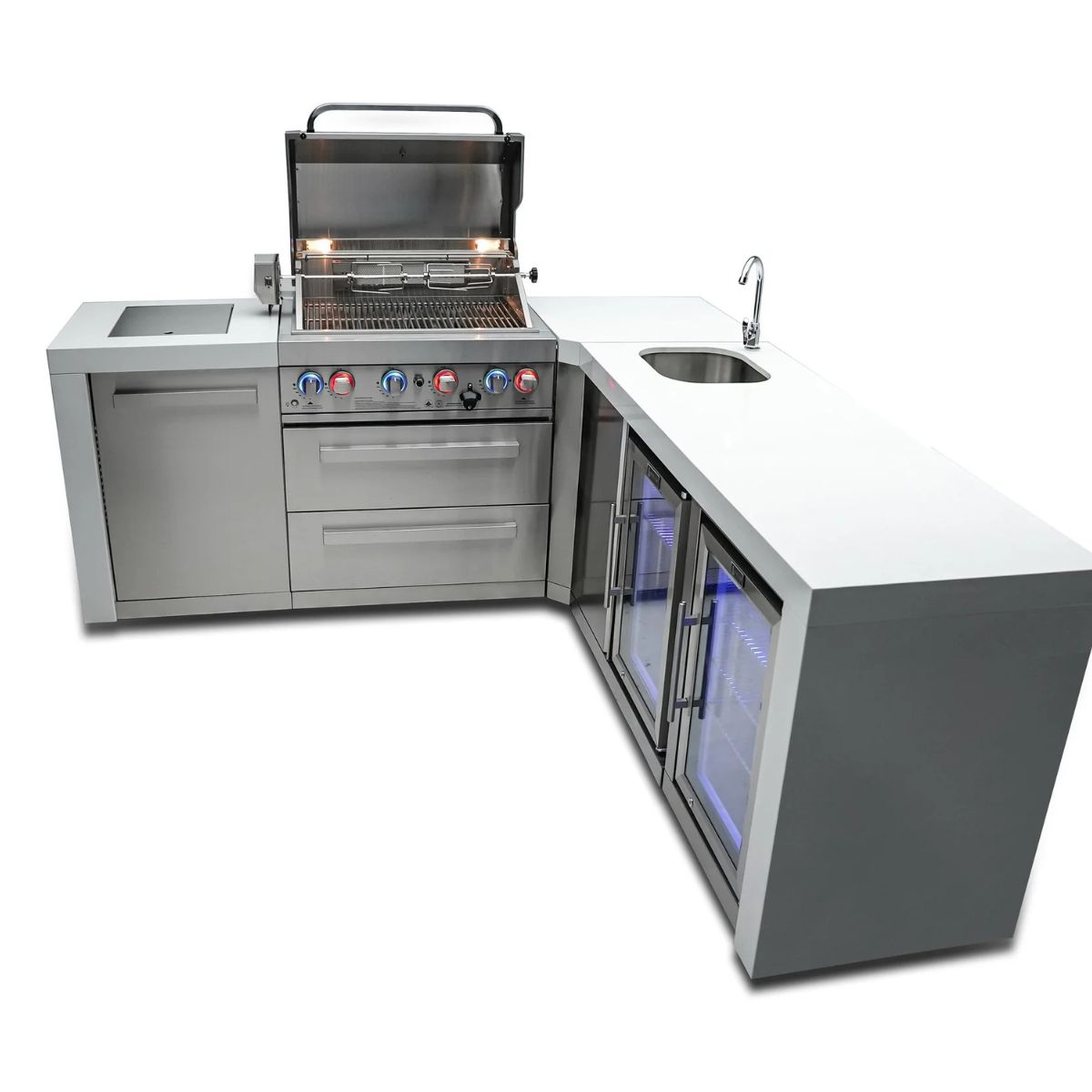Mont Alpi 4-Burner Deluxe Island with a 90-degree corner, Beverage Center, and Fridge Cabinet