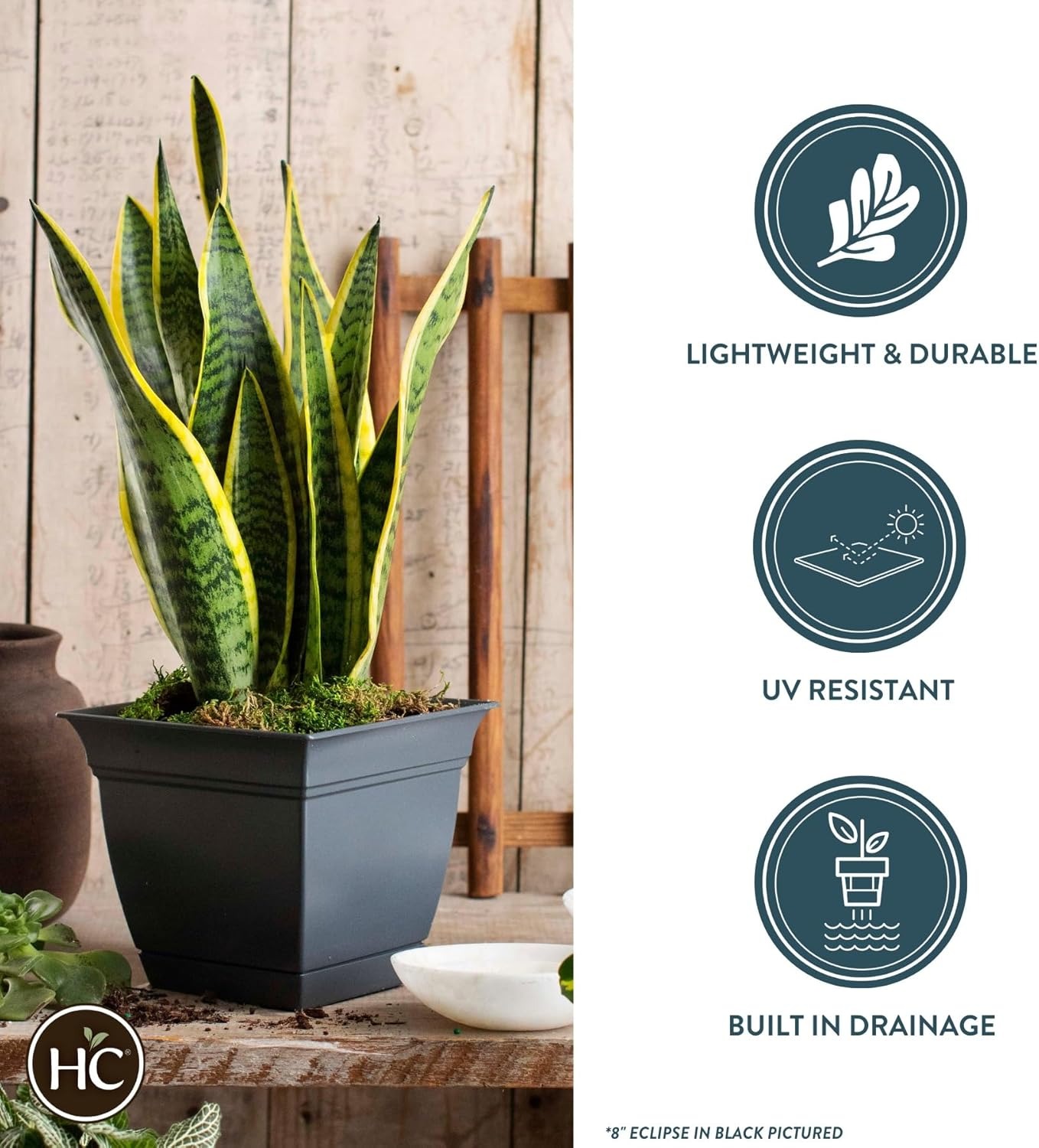 The HC Companies 6 in. Eclipse Square Planter with Saucer - Indoor Outdoor Plant Pot for Flowers Vegetables Herbs, Clay