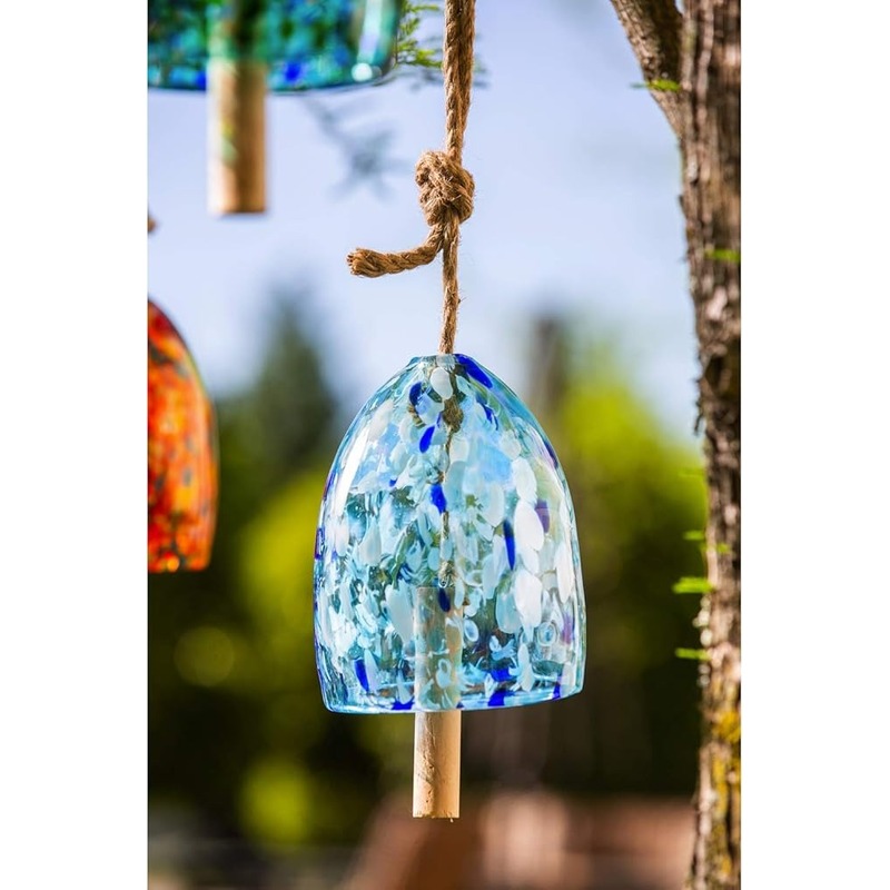 Evergreen Garden Colorful Art Glass Wind Chime,Light Blue,Solid Wood Striker,Natural Deep Tone,8 in.