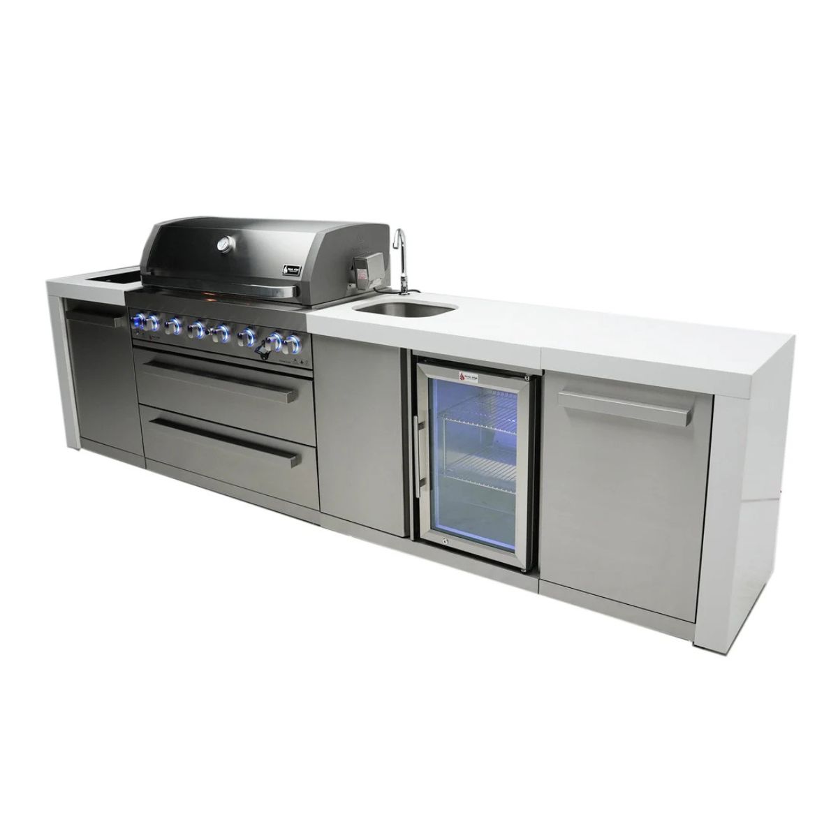 Mont Alpi 805 Deluxe Island with Beverage Center / 6-Burner Grill, 2 Infrared Burners, Sink, Fridge, Stainless Steel