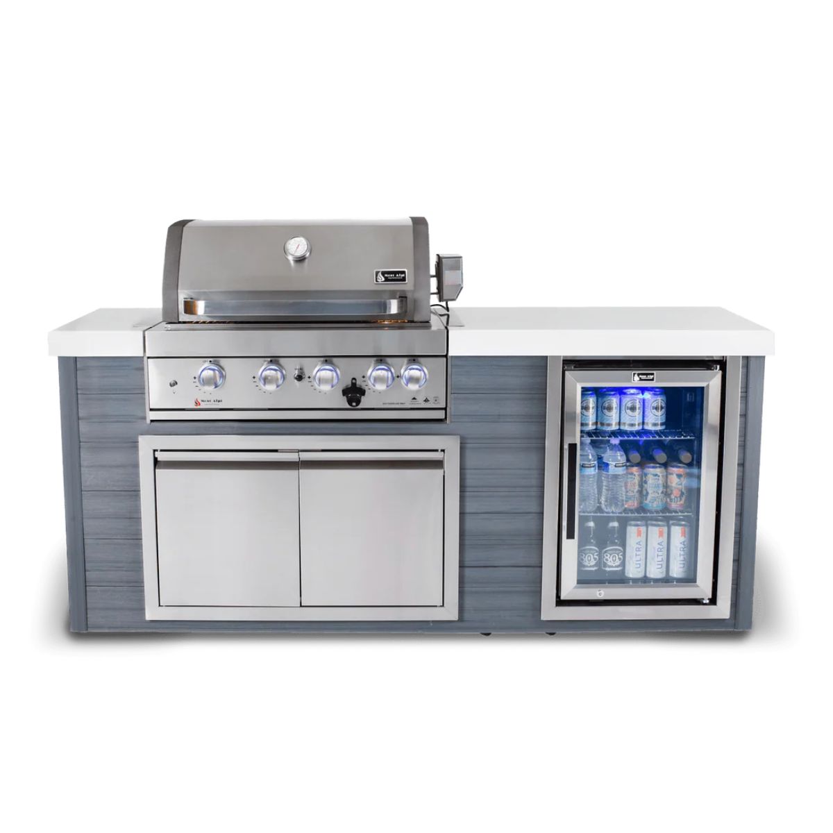 Mont Alpi 400 Artwood Island with Stainless Steel Grill and Fridge / 4-Burners, Infrared Rear Burner, Rotisserie Kit