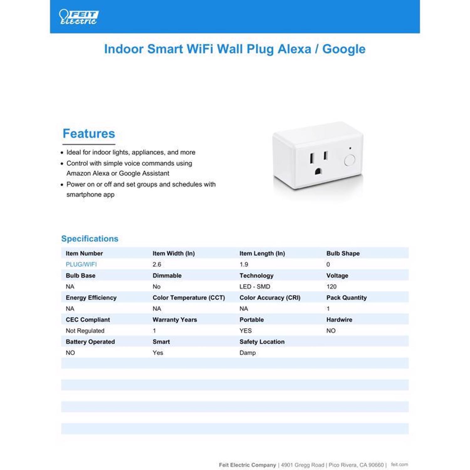 Feit Smart Home Commercial and Residential Plastic Outdoor Smart-Enabled Plug 1-15R