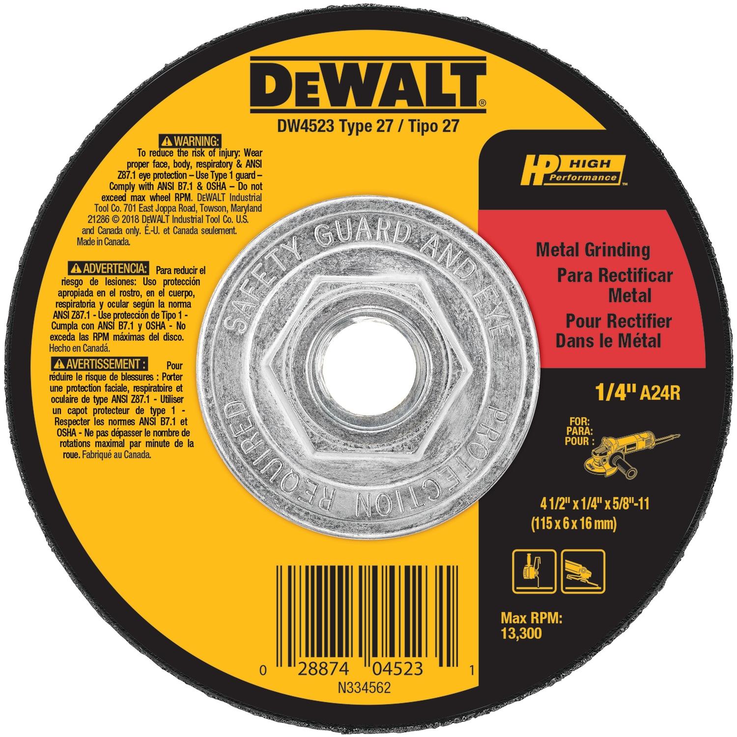 DeWalt High Performance 4-1/2 in. D X 5/8-11 in. Metal Grinding Wheel