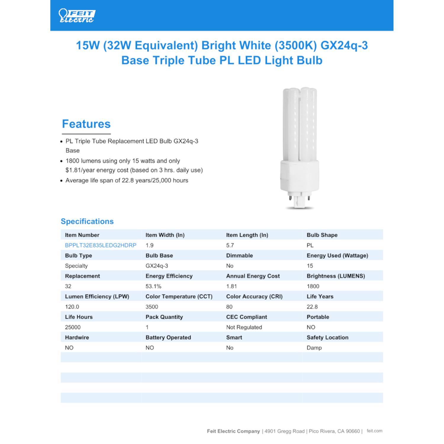Feit LED Linear PL GX24Q-3 4-Pin LED Bulb Bright White 32 Watt Equivalence 1 pk