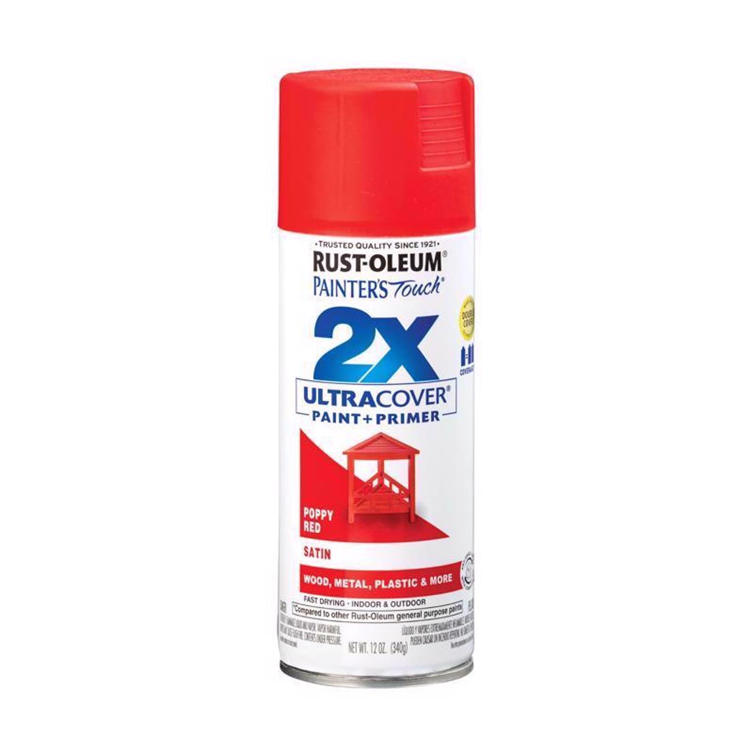 Rust-Oleum Painters Touch 2X Ultra Cover Satin Poppy Red Paint+Primer Spray Paint 12 oz