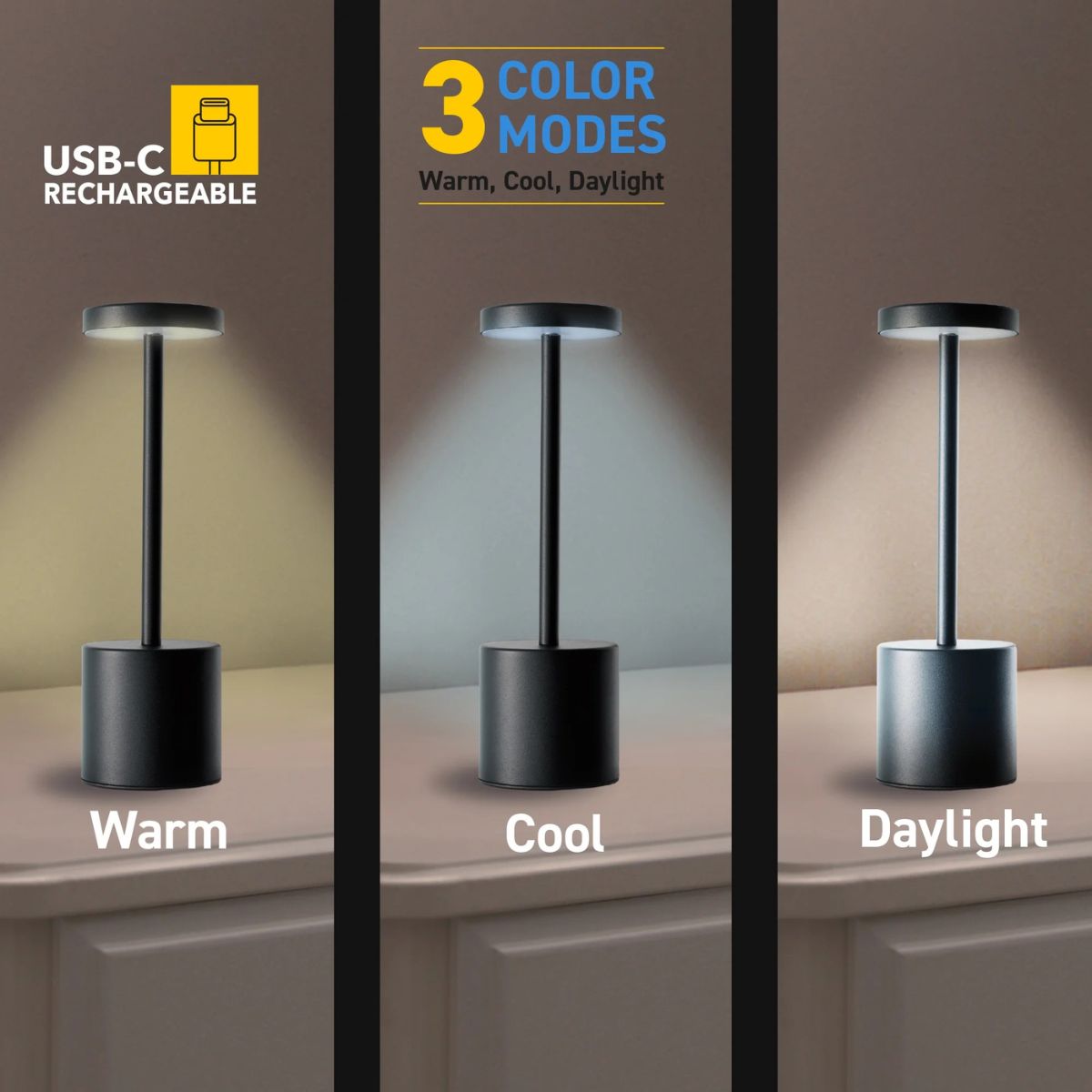 Sensor Brite Cordless LED Table Lamp, USB-C Rechargeable, Durable Construction, Black