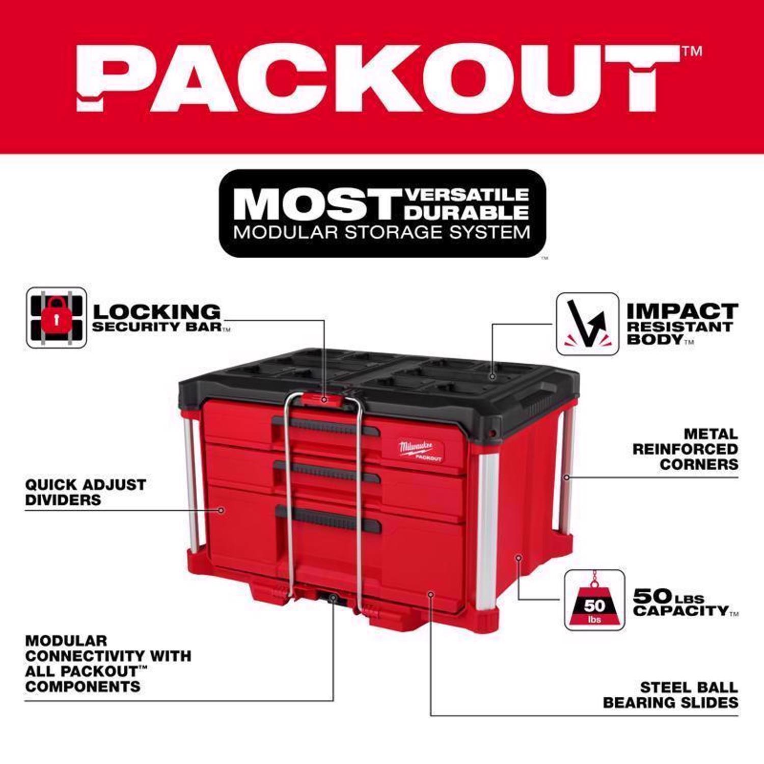 Milwaukee Packout 16.3 in. Modular 3-Drawer Multi Drawer Tool Box Black/Red