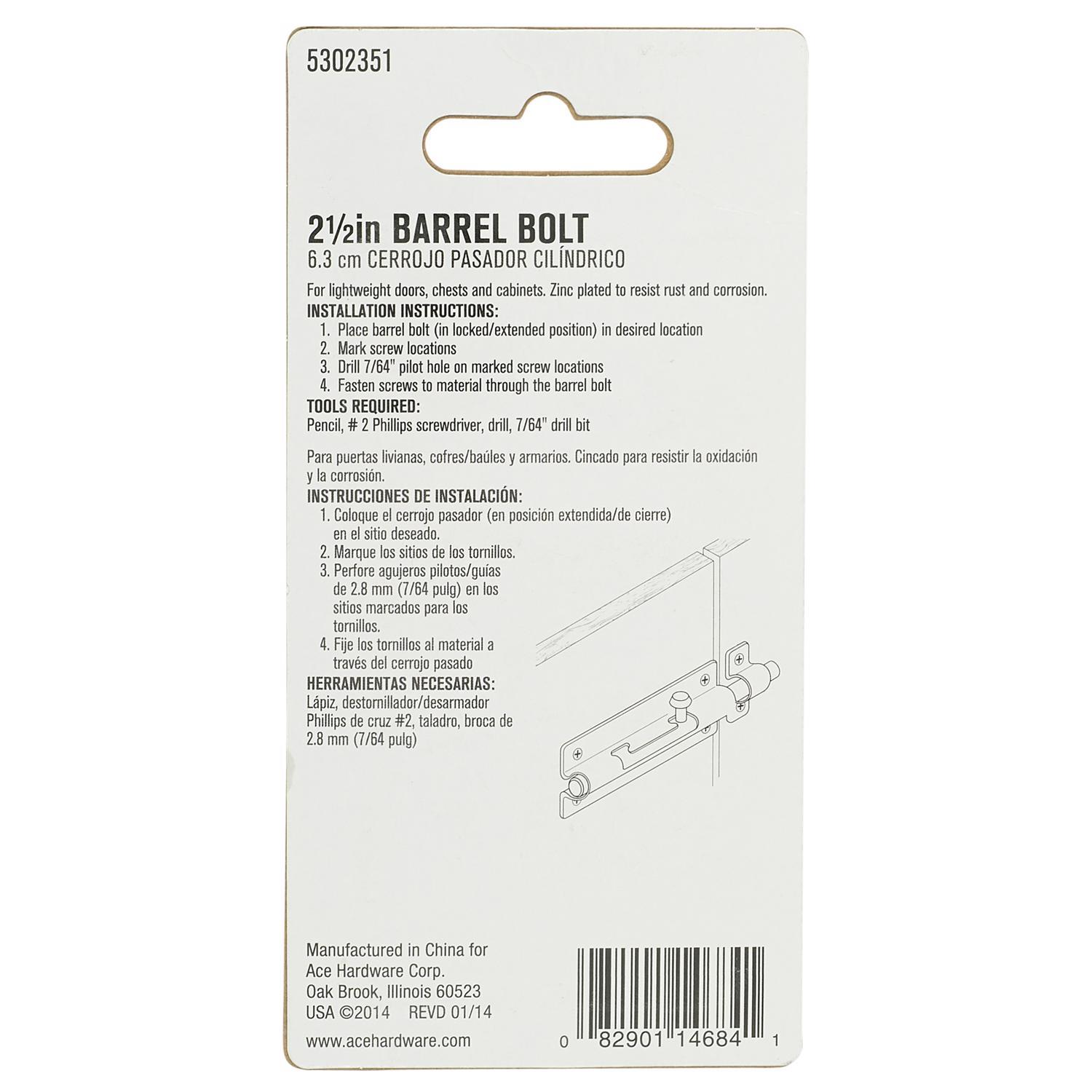 Ace 2.5 in. L Zinc-Plated Steel Barrel Bolt 1 pk