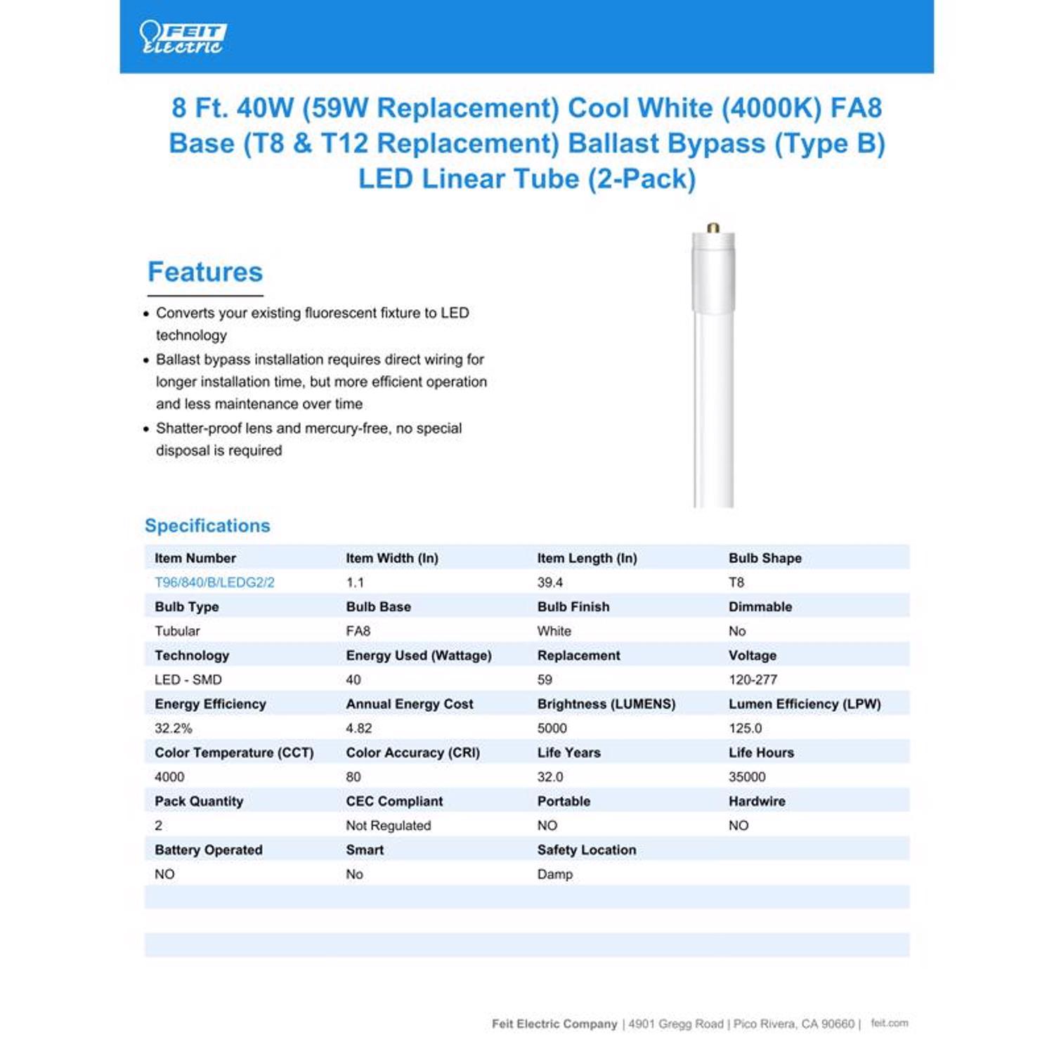 Feit T8 Cool White 96 in. FA8 T8 Ballast Bypass Bulb 59 Watt Equivalence 2 pk