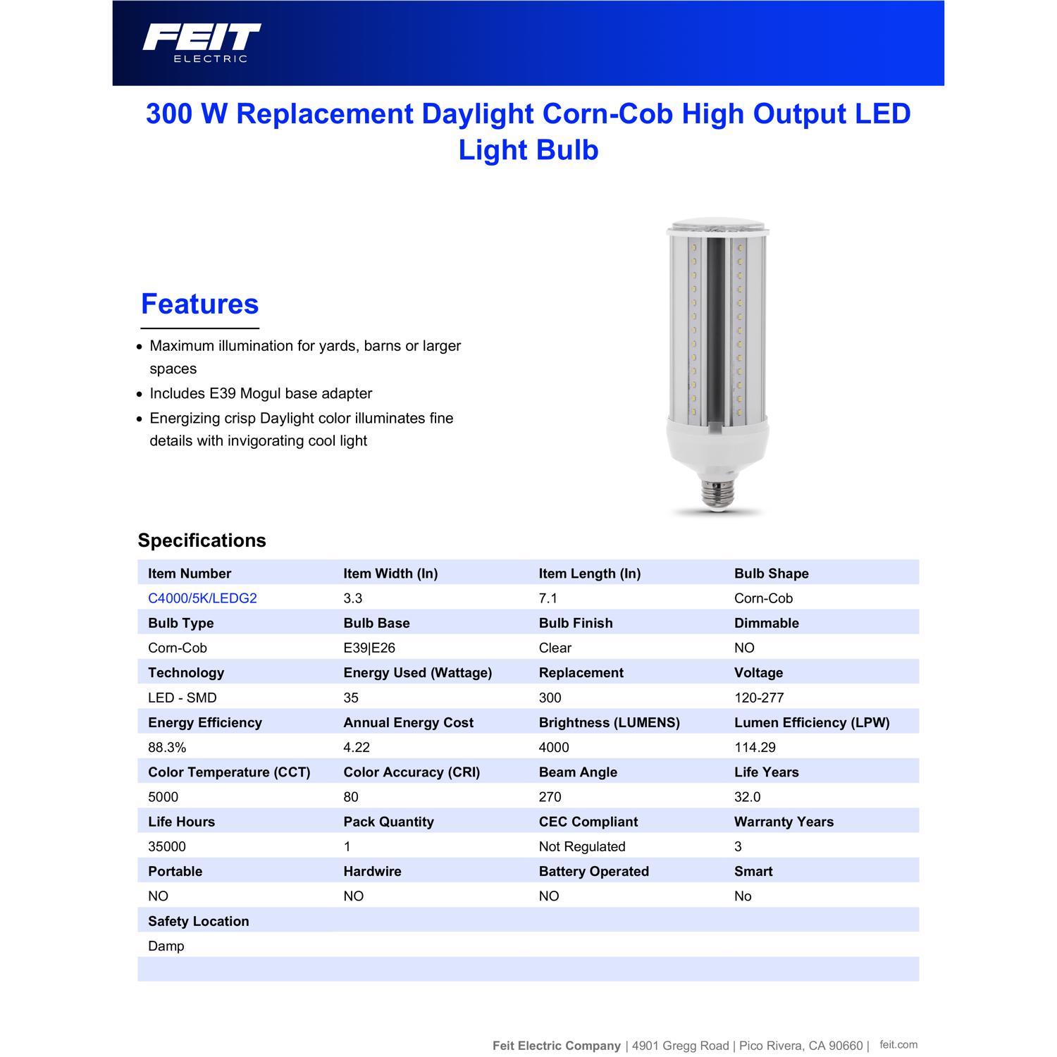 Feit Corn Cob E26 (Medium) LED Bulb Daylight 300 Watt Equivalence 1 pk