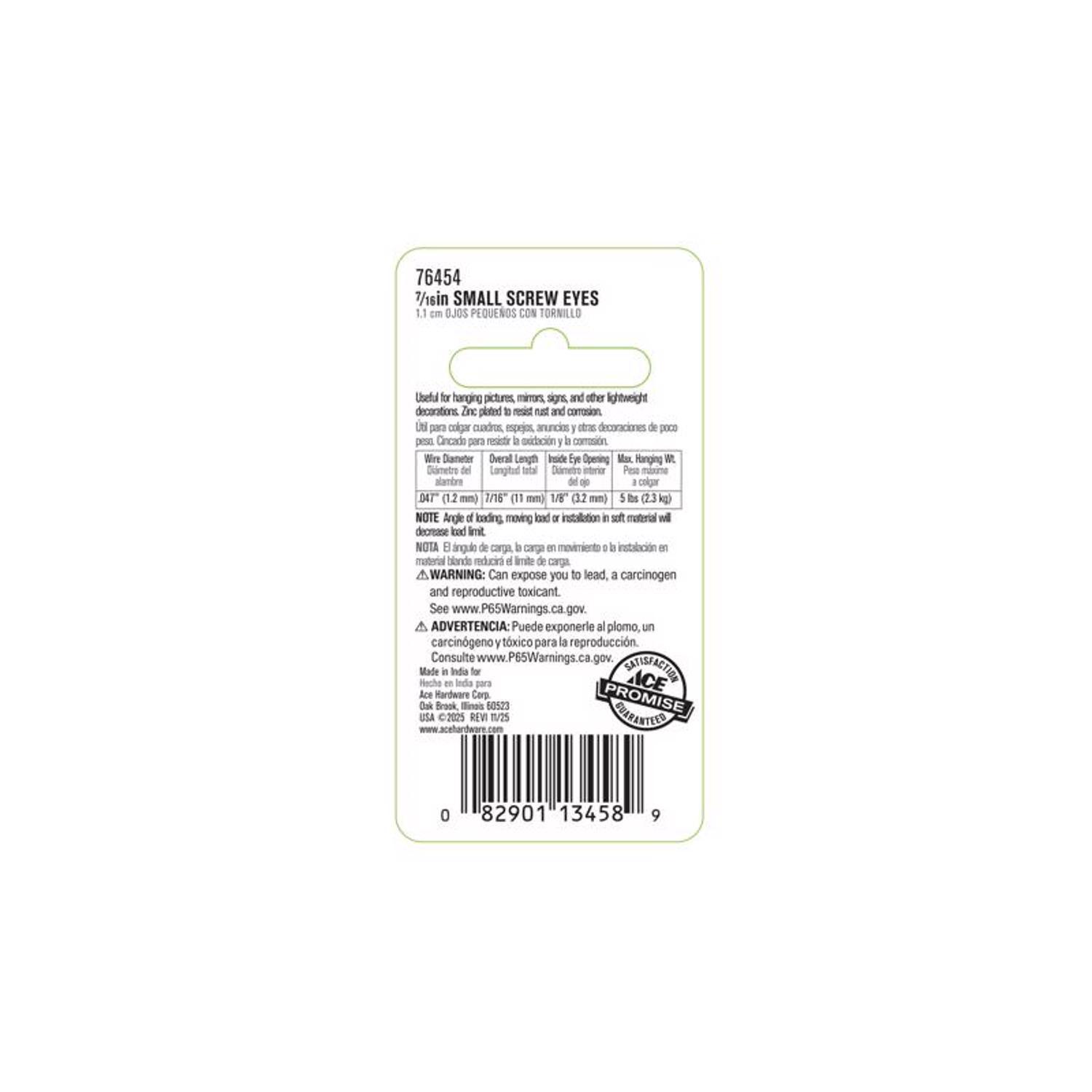 Ace 1/16 in. D X 7/16 in. L Zinc-Plated Steel Screw Eye 5 lb. cap. 14 pk