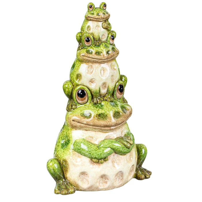 Evergreen Pollinator Garden Statue, Ceramic Stacked Frog Statue, 10.5 in. H