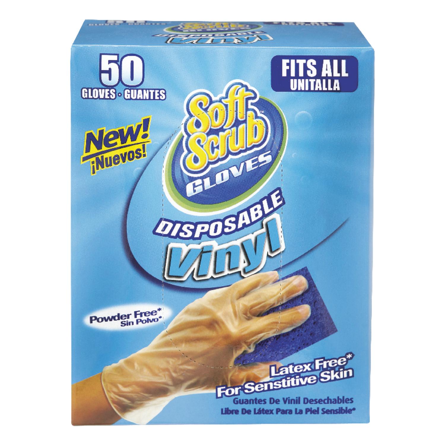 Soft Scrub Vinyl Disposable Gloves One Size Fits Most Clear Powder Free 50 pk