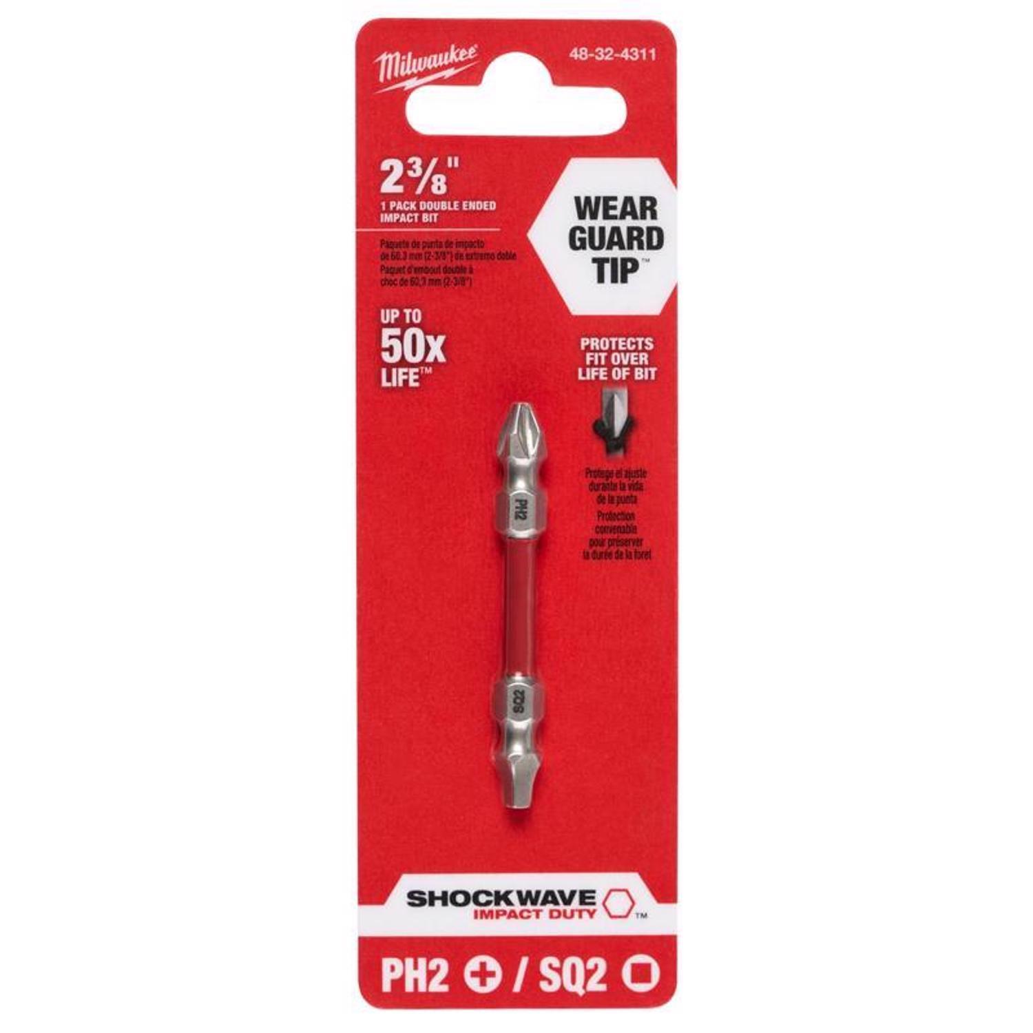 Milwaukee Shockwave Phillips/Square PH2/SQ2 X 2-3/8 in. L Impact Double-Ended Power Bit Steel 1 pc