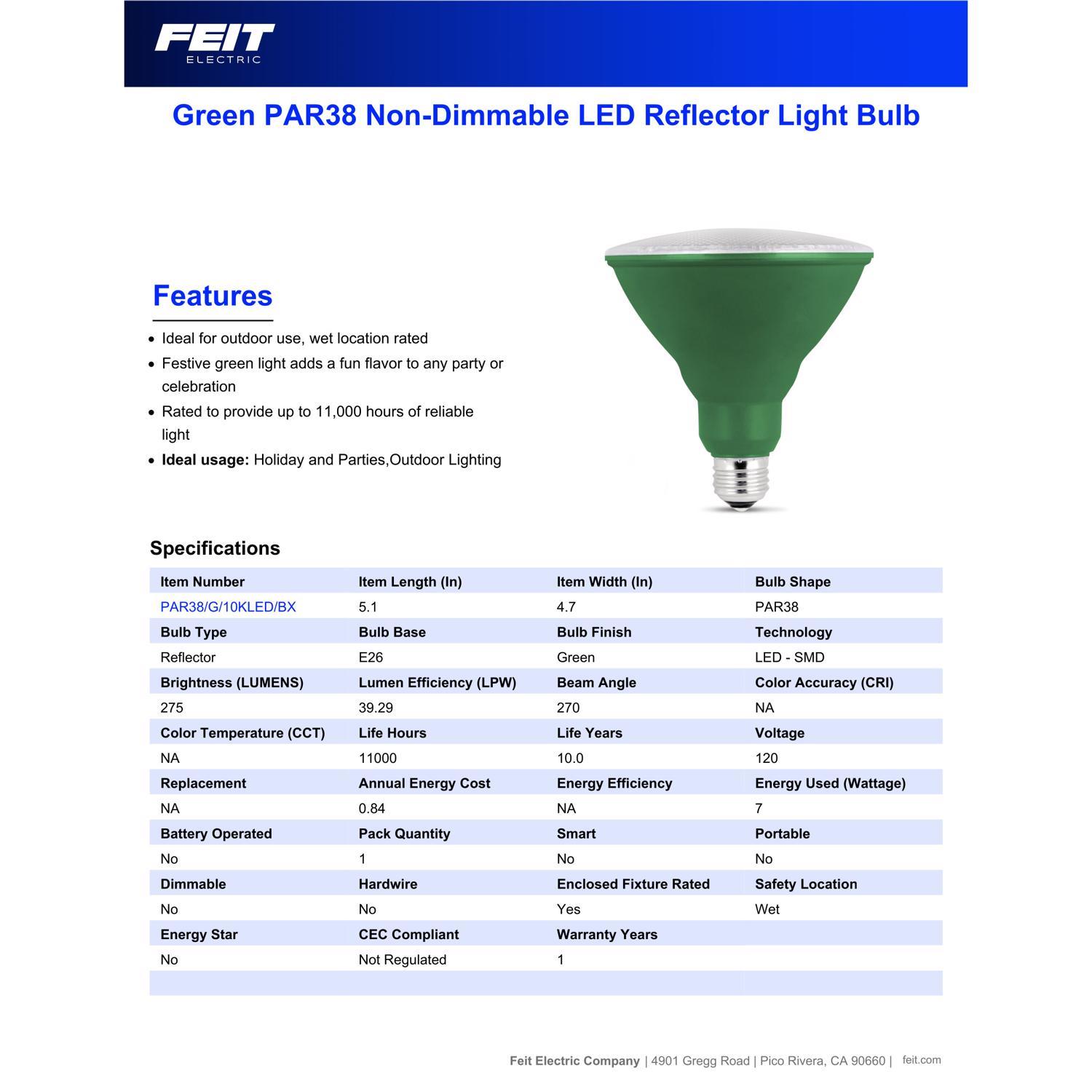 Feit PAR38 E26 (Medium) LED Bulb Green 120 Watt Equivalence 1 pk