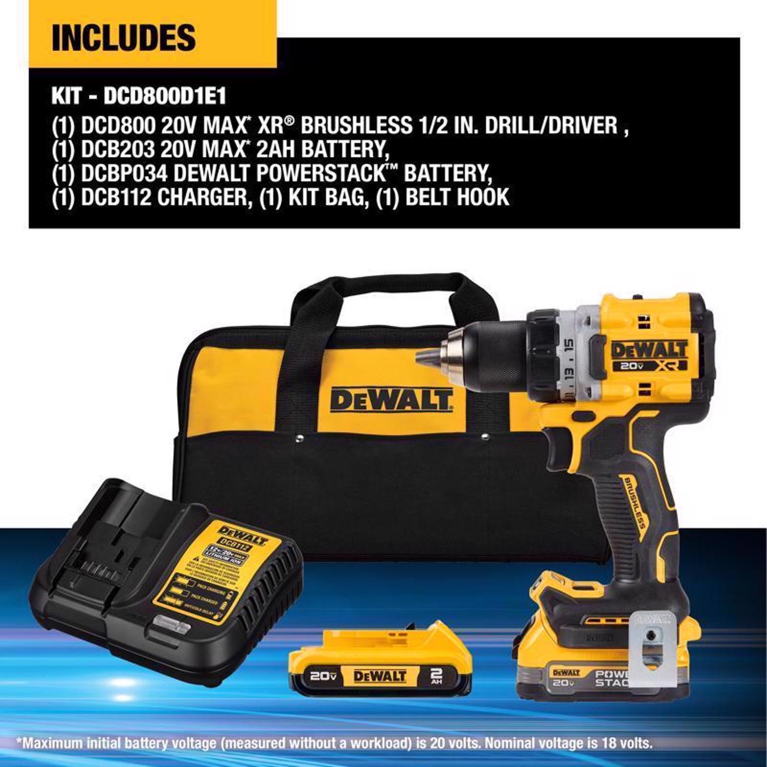 DeWalt 20V MAX XR POWERSTACK 1/2 in. Brushless Cordless Drill/Driver Kit (Battery & Charger)