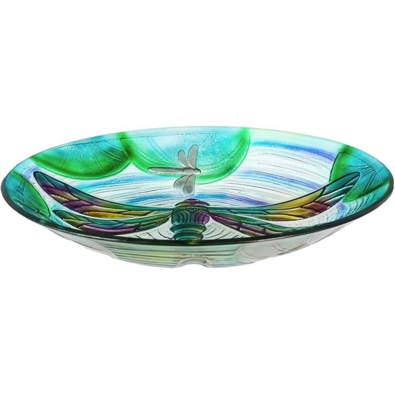Evergreen Garden Beautiful Summer Dragonfly Pond Embossed Glass Bird Bath - 18 in. x 18 in. X 2 in.