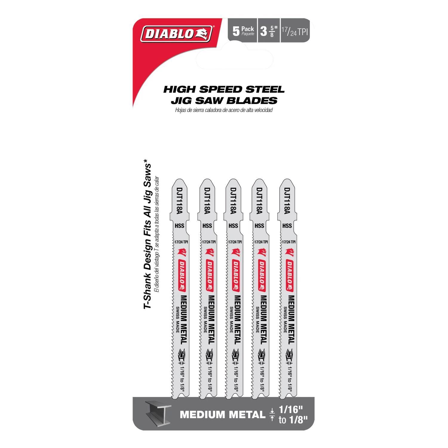Diablo 3-5/8 in. High Speed Steel T-Shank Medium Metal Jig Saw Blade 17/24 TPI 5 pk