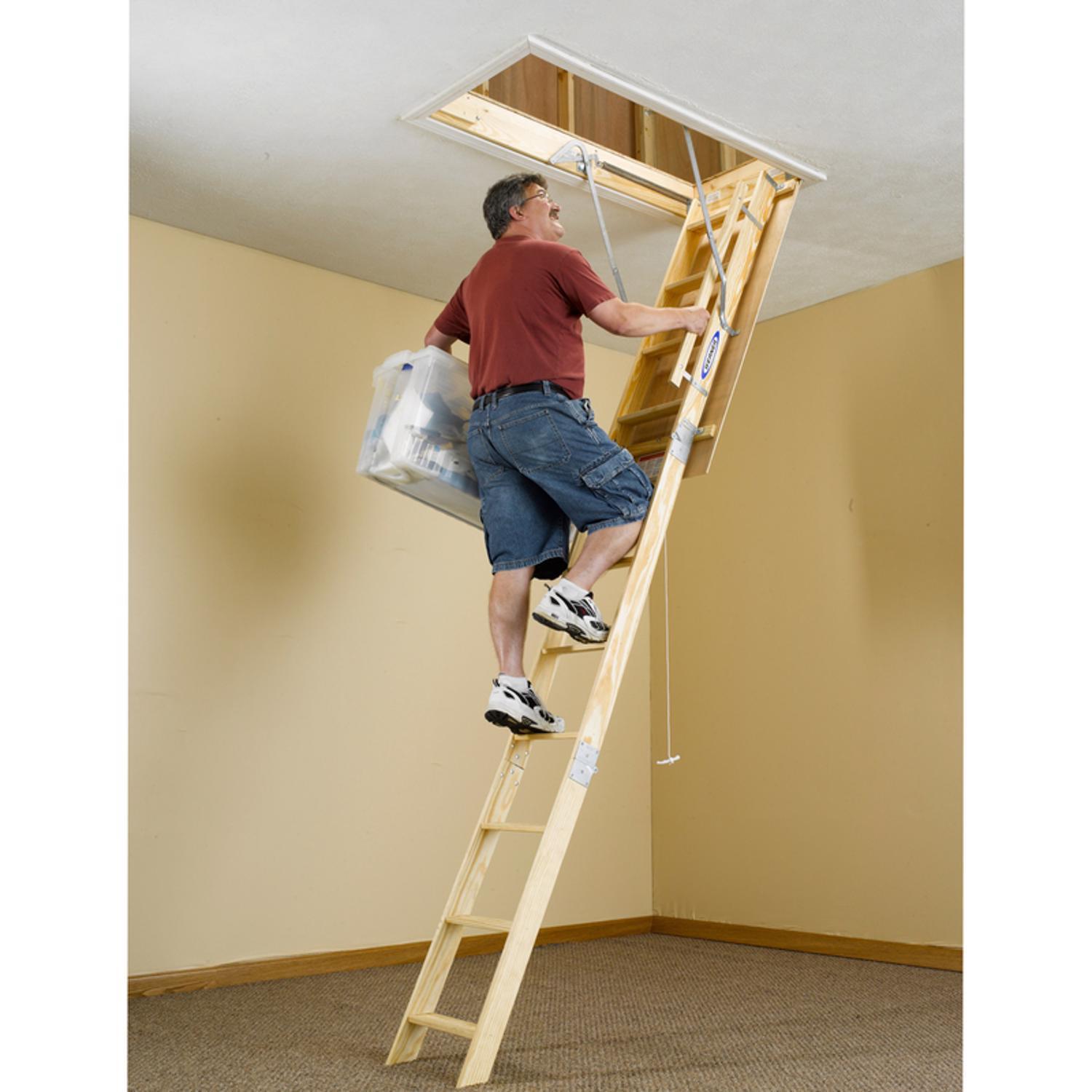 Werner 8.9 To 10 ft. Ceiling 25 in. x 54 in. Wood Attic Ladder Type I 250 lb. capacity