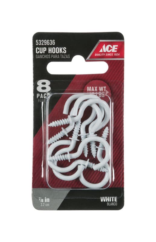 Ace Small White Steel 0.875 in. L Cup Hook 8 pk