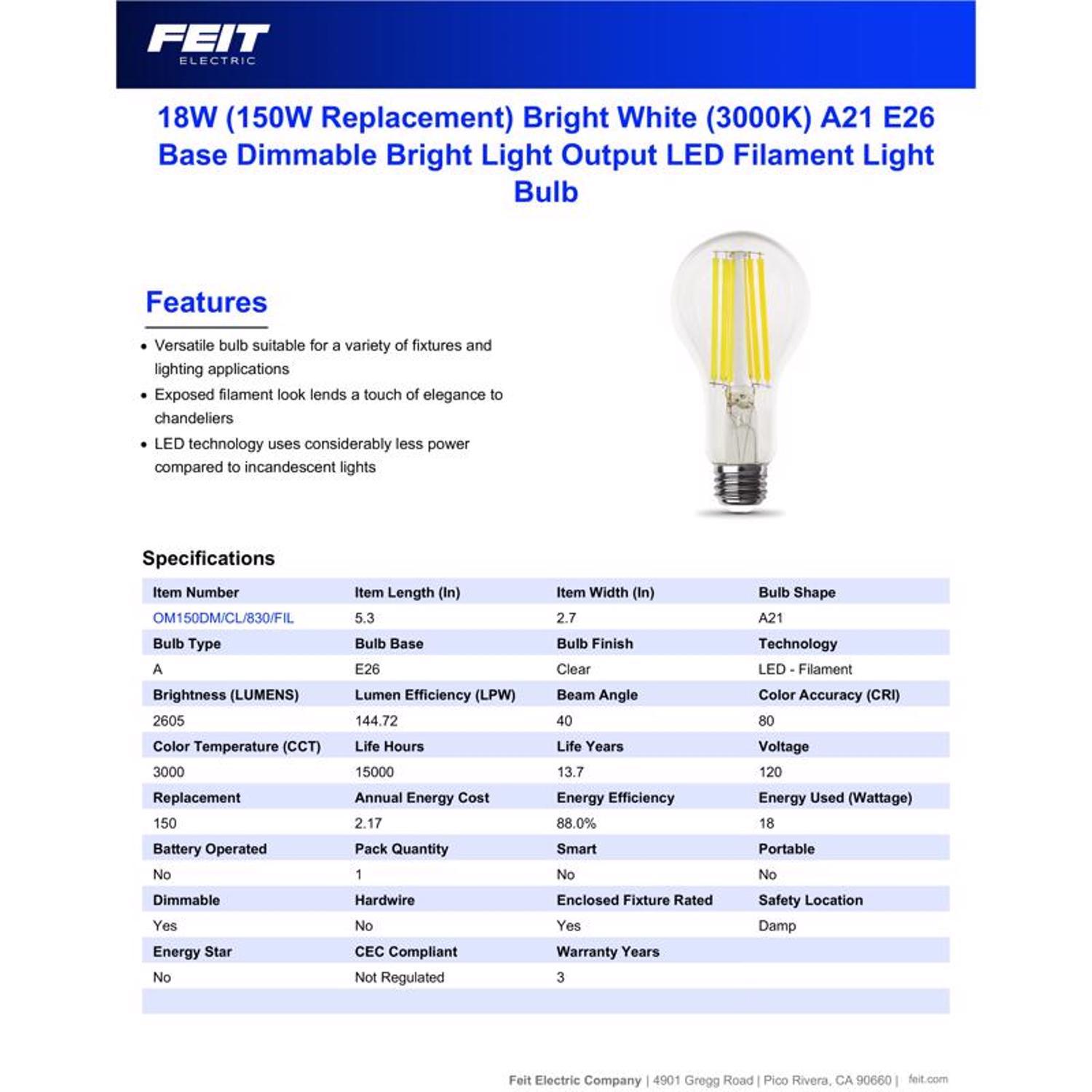 Feit A21 E26 (Medium) Filament LED Bulb Bright White 150 Watt Equivalence 1 pk