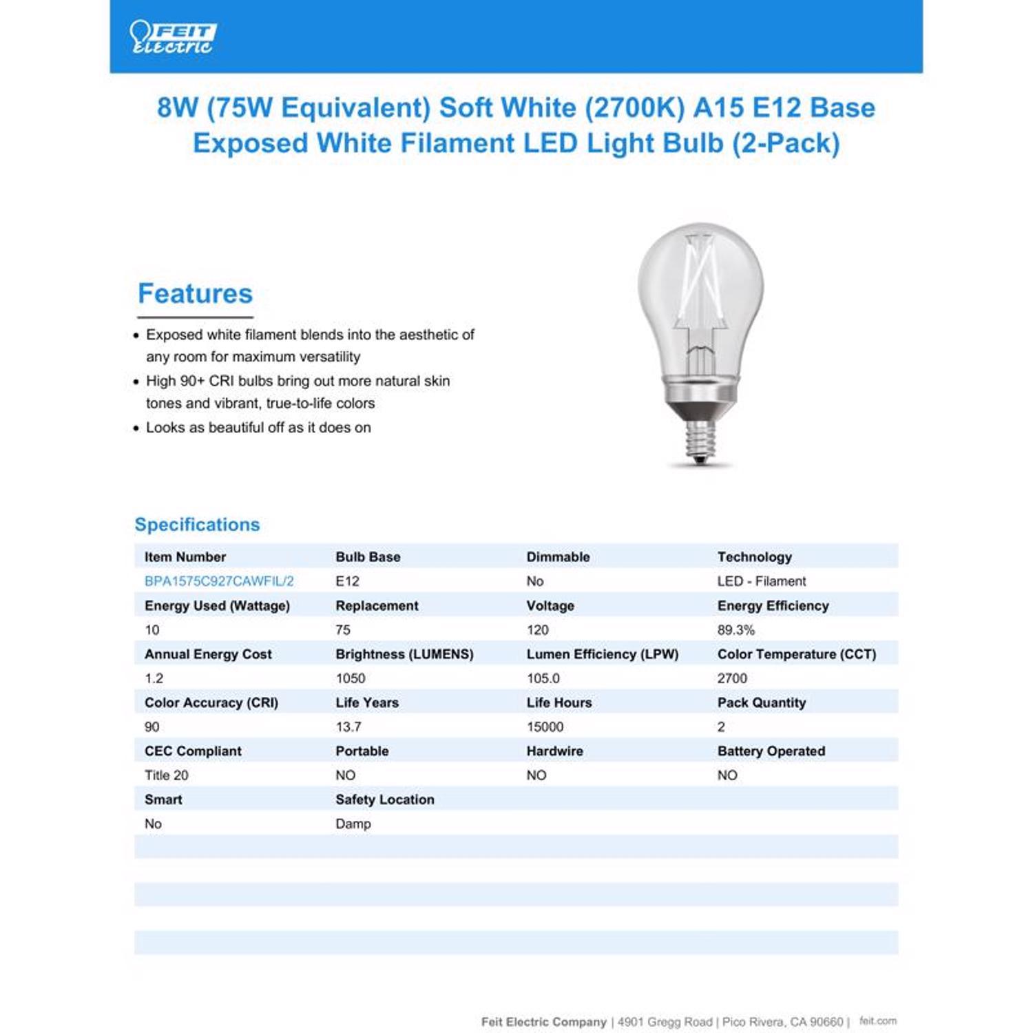 Feit White Filament A15 E12 (Candelabra) Filament LED Bulb Soft White 75 Watt Equivalence 2 pk