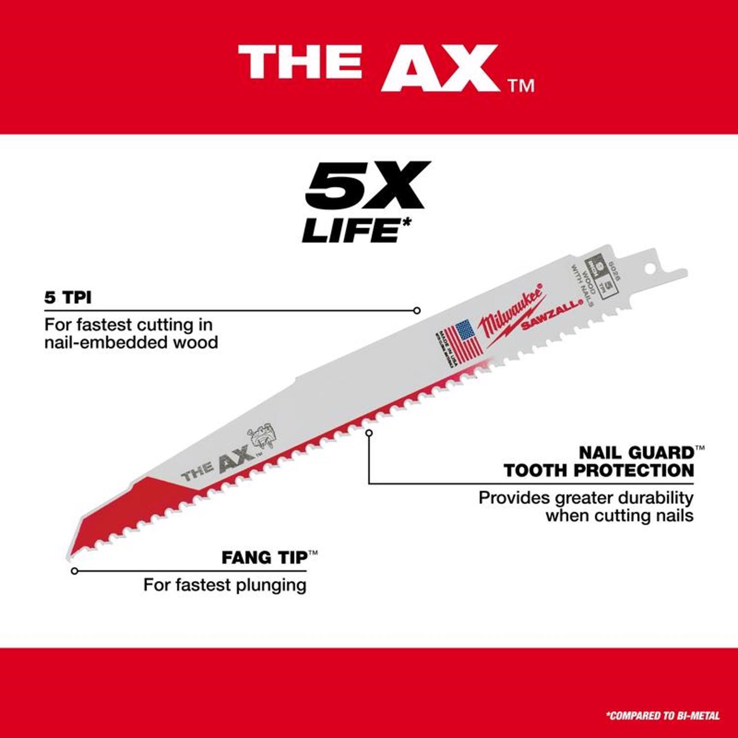 Milwaukee The AX 6 in. Bi-Metal Wood demolition Reciprocating Saw Blade 5 TPI 5 pk