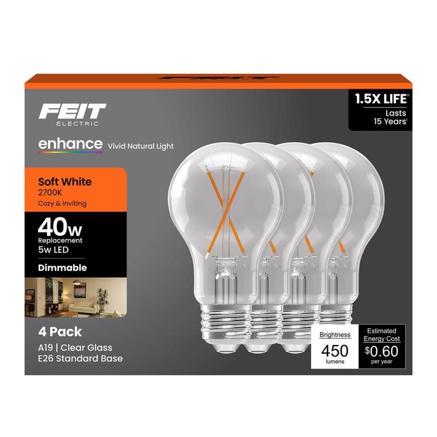 Feit Enhance A19 E26 (Medium) Filament LED Bulb Soft White 40 Watt Equivalence 4 pk