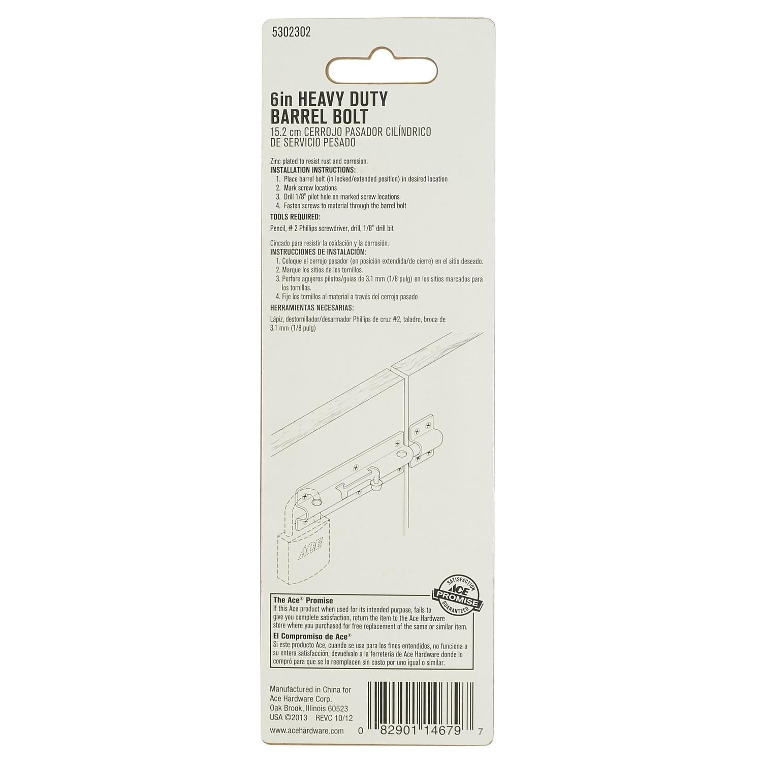 Ace 6 in. L Zinc-Plated Steel Barrel Bolt 1 pk