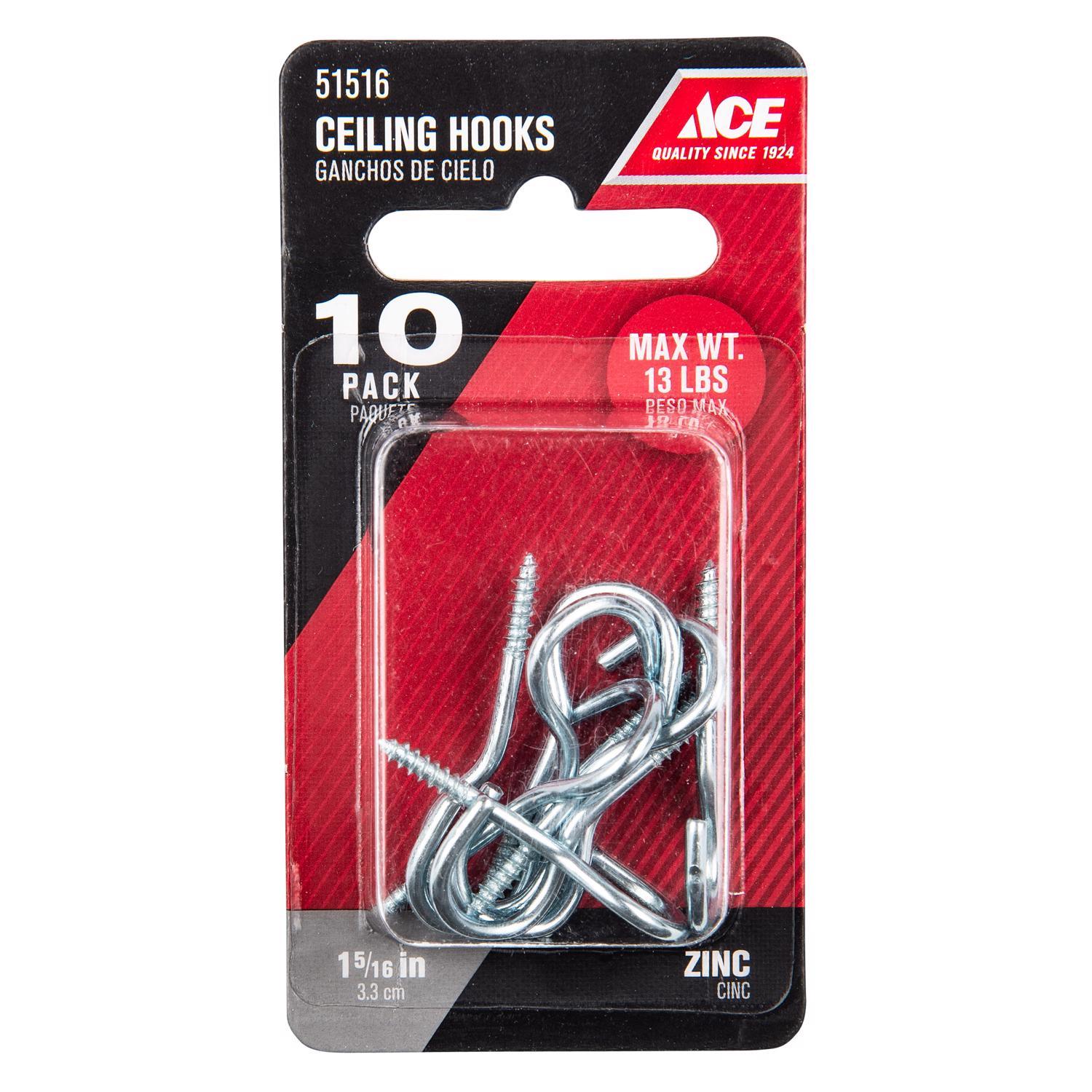 Ace Small Zinc-Plated Silver Steel 1.3125 in. L Ceiling Hook 13 lb 10 pk