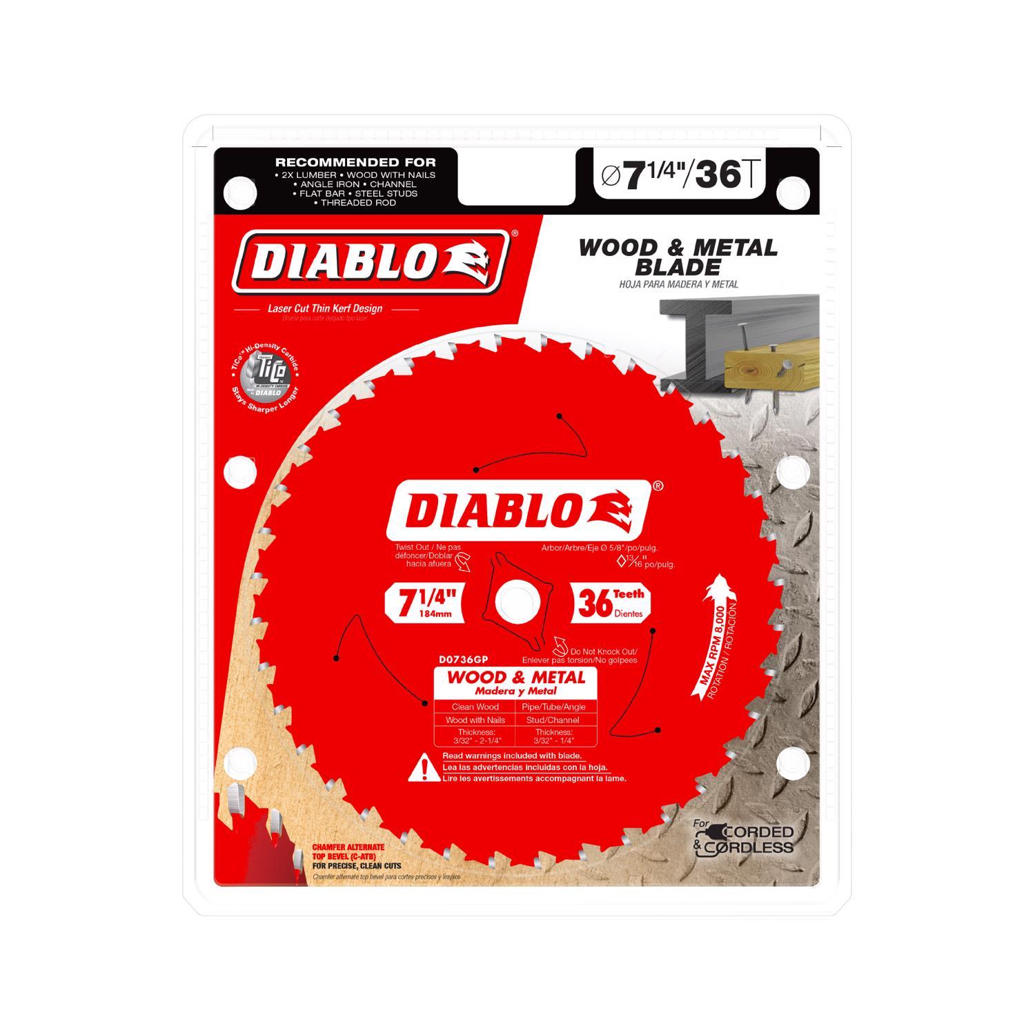 Diablo Wood & Metal 7-1/4 in. D X 5/8 in. TiCo Hi-Density Carbide Wood and Metal Saw Blade 36 teeth