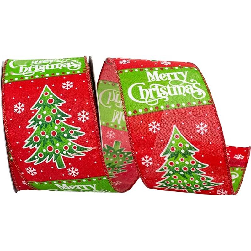 Reliant Ribbon Merry Christmas Trees and Words Wired Edge, Red/Green, 2-1/2 in., 10 Yards